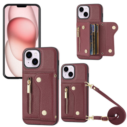 ELECTROPRIME For iPhone 15 DF-09 Crossbody Litchi texture Card Bag Design PU Phone Case(Wine Red)