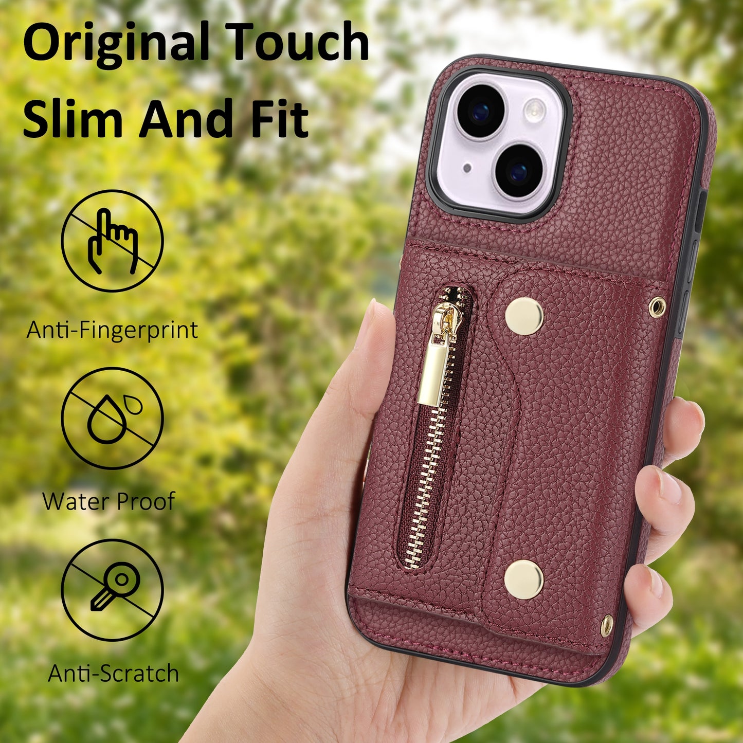 ELECTROPRIME For iPhone 15 DF-09 Crossbody Litchi texture Card Bag Design PU Phone Case(Wine Red)