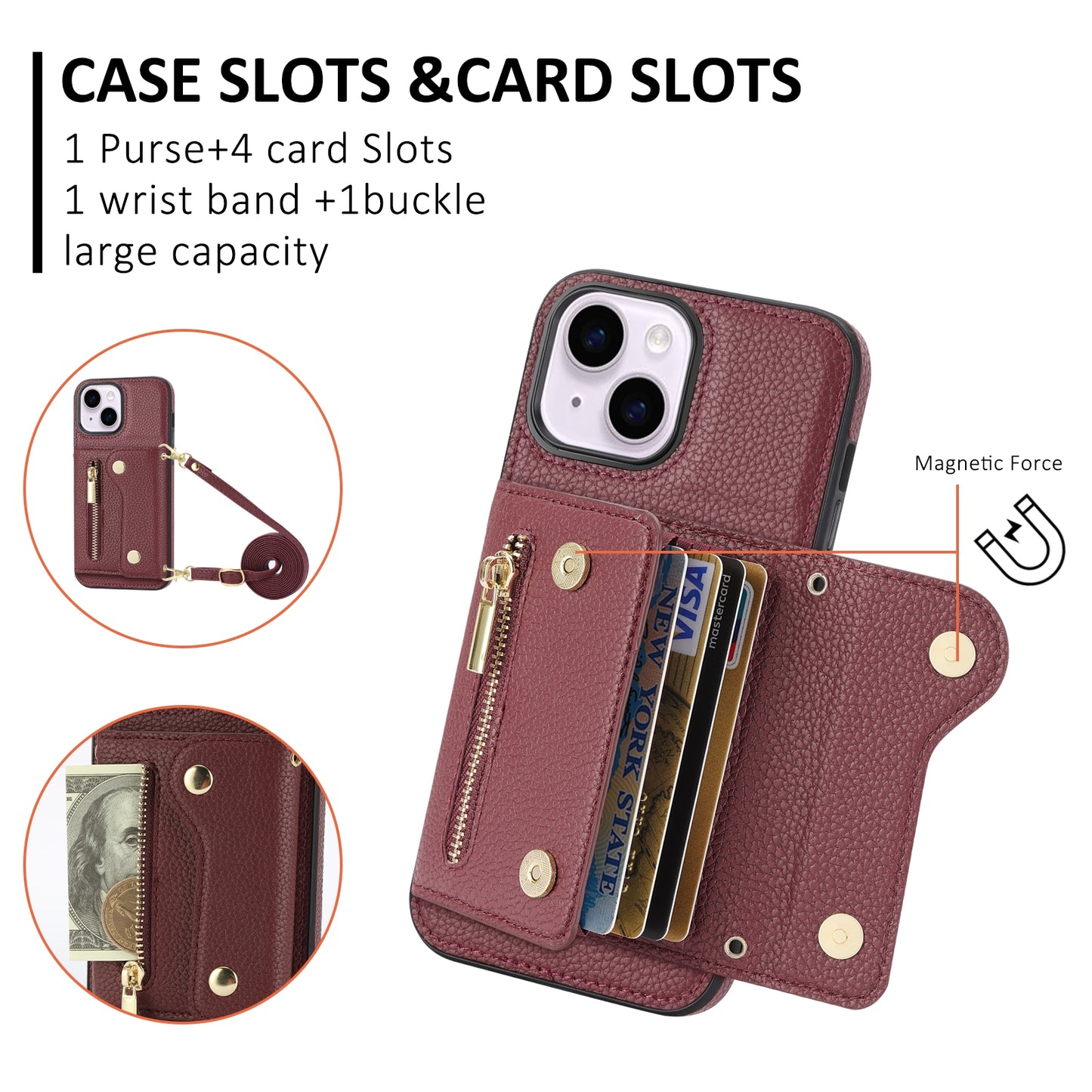 ELECTROPRIME For iPhone 15 DF-09 Crossbody Litchi texture Card Bag Design PU Phone Case(Wine Red)