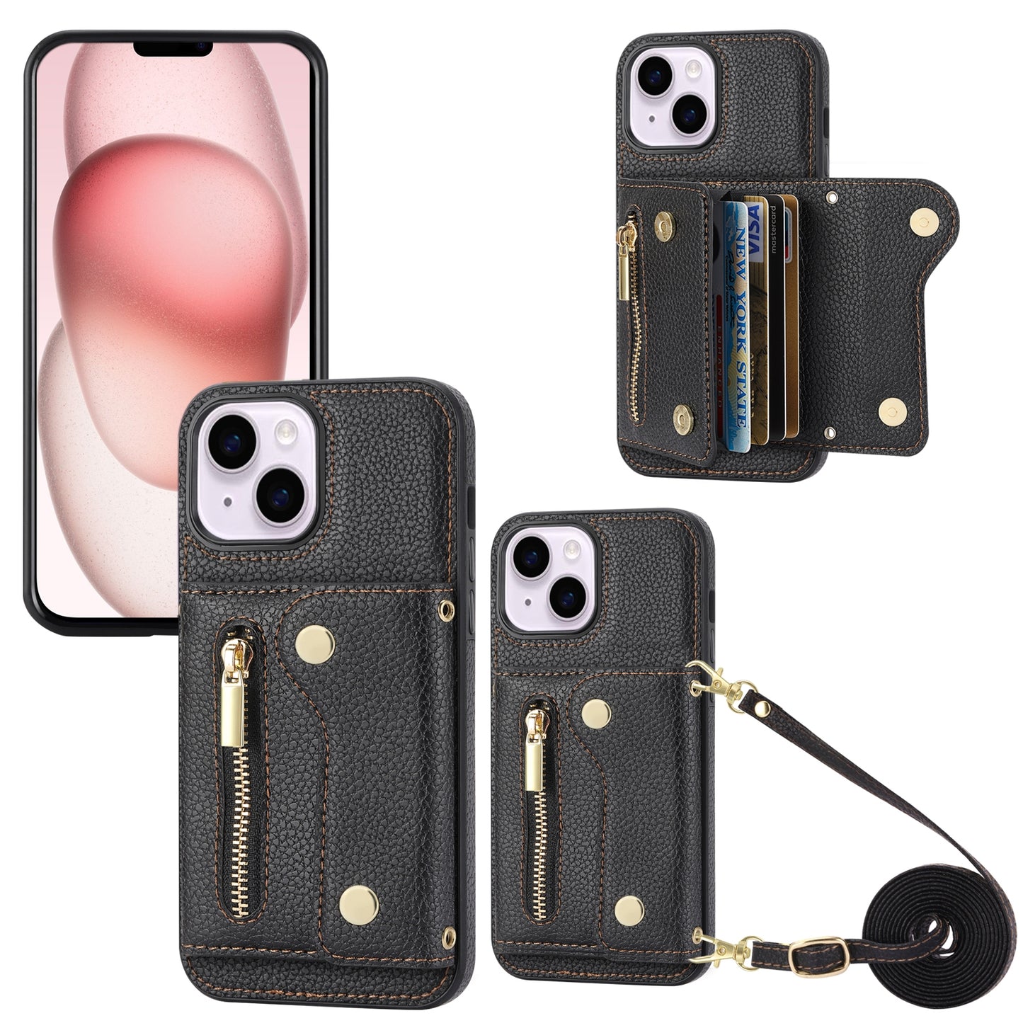 ELECTROPRIME For iPhone 15 DF-09 Crossbody Litchi texture Card Bag Design PU Phone Case(Black)