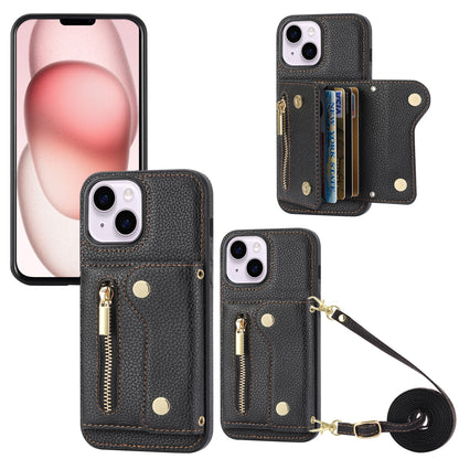 ELECTROPRIME For iPhone 15 DF-09 Crossbody Litchi texture Card Bag Design PU Phone Case(Black)