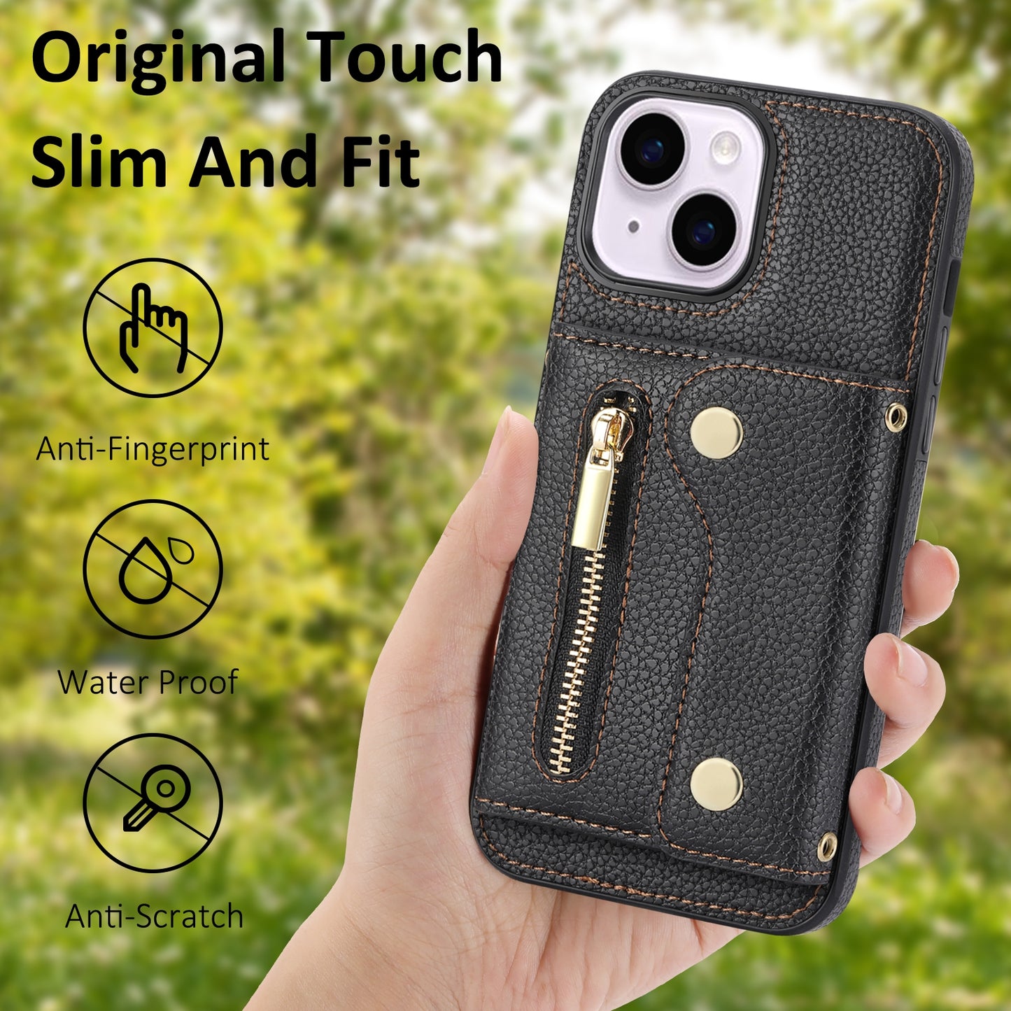 ELECTROPRIME For iPhone 15 DF-09 Crossbody Litchi texture Card Bag Design PU Phone Case(Black)