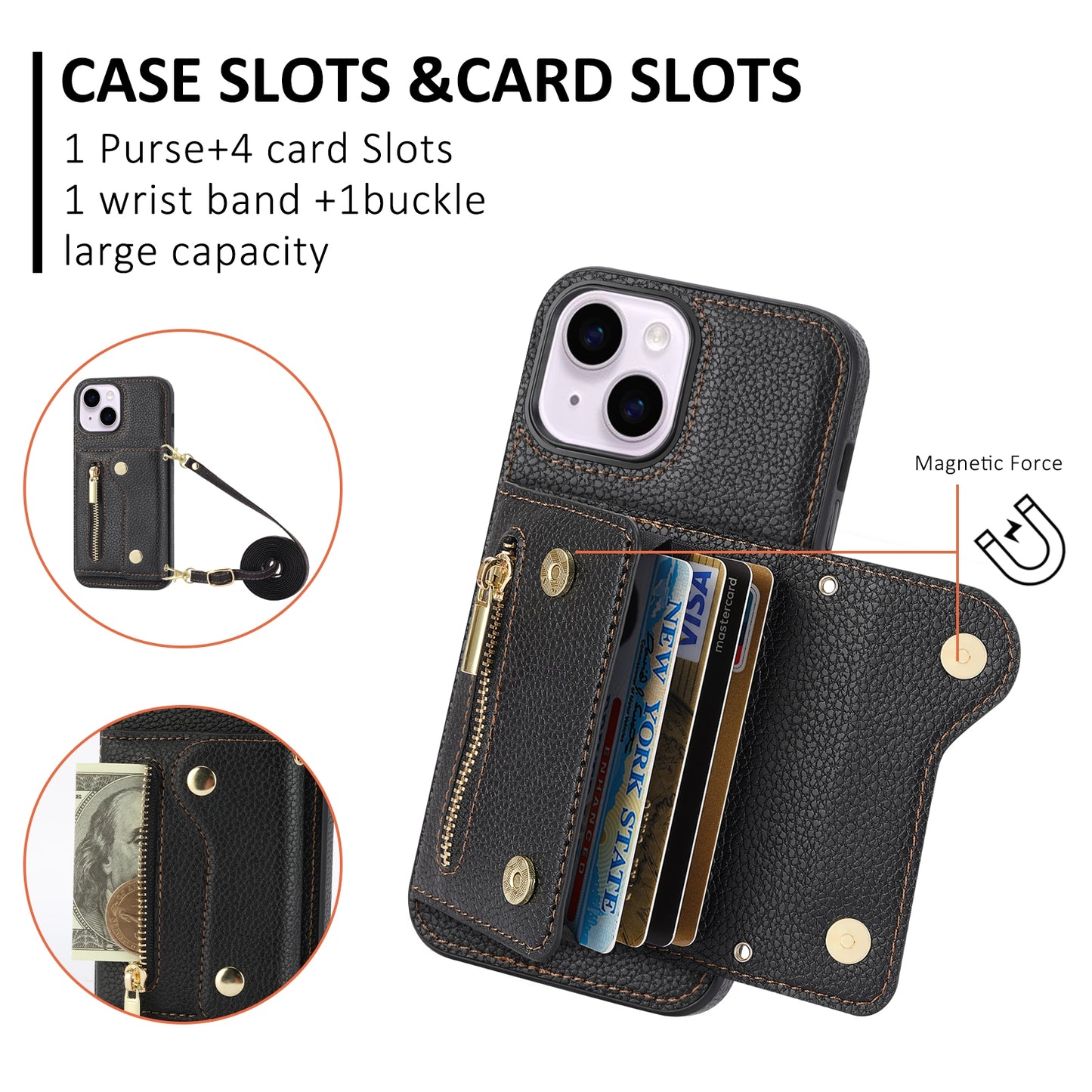 ELECTROPRIME For iPhone 15 DF-09 Crossbody Litchi texture Card Bag Design PU Phone Case(Black)