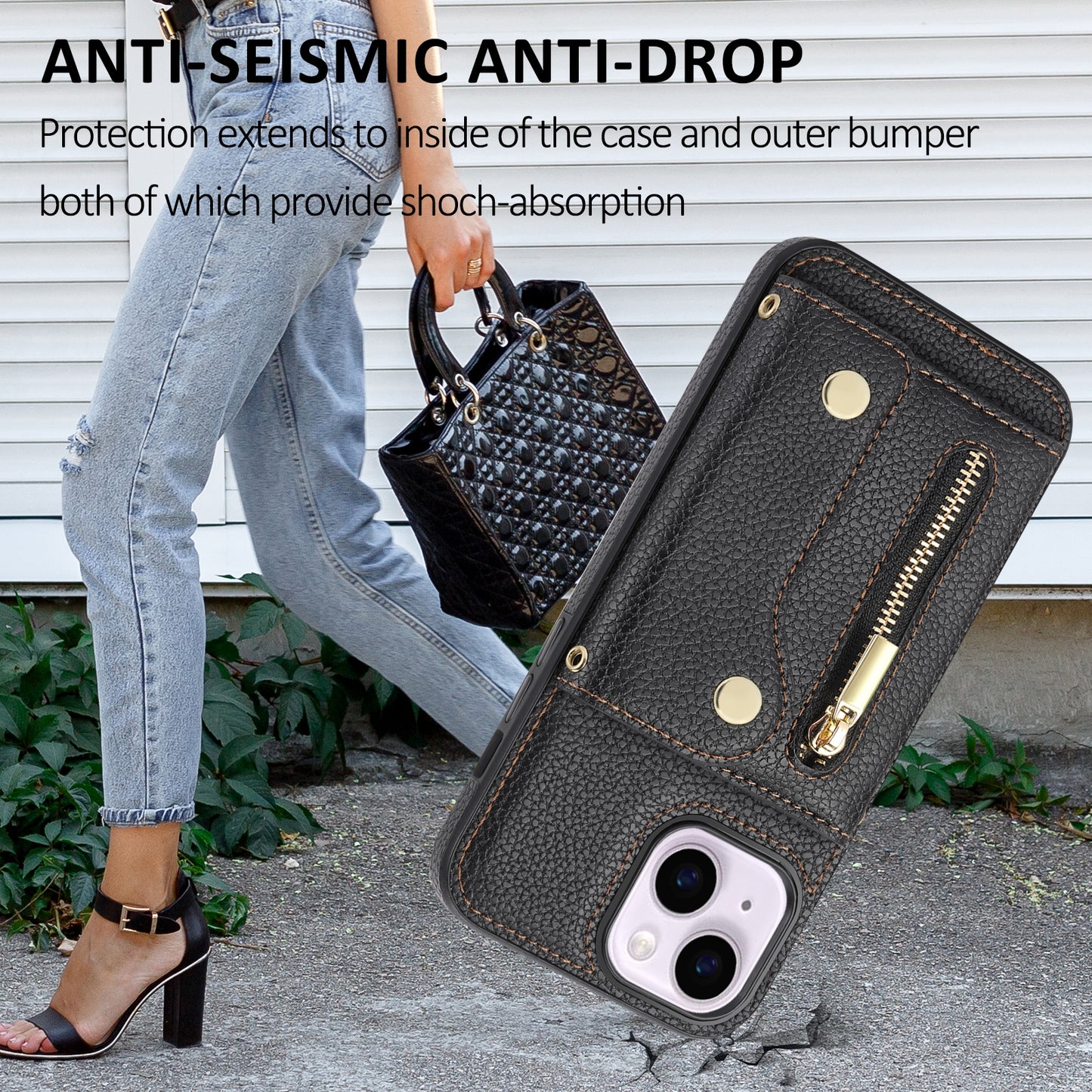 ELECTROPRIME For iPhone 15 DF-09 Crossbody Litchi texture Card Bag Design PU Phone Case(Black)