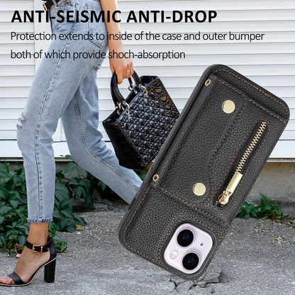 ELECTROPRIME For iPhone 15 DF-09 Crossbody Litchi texture Card Bag Design PU Phone Case(Black)