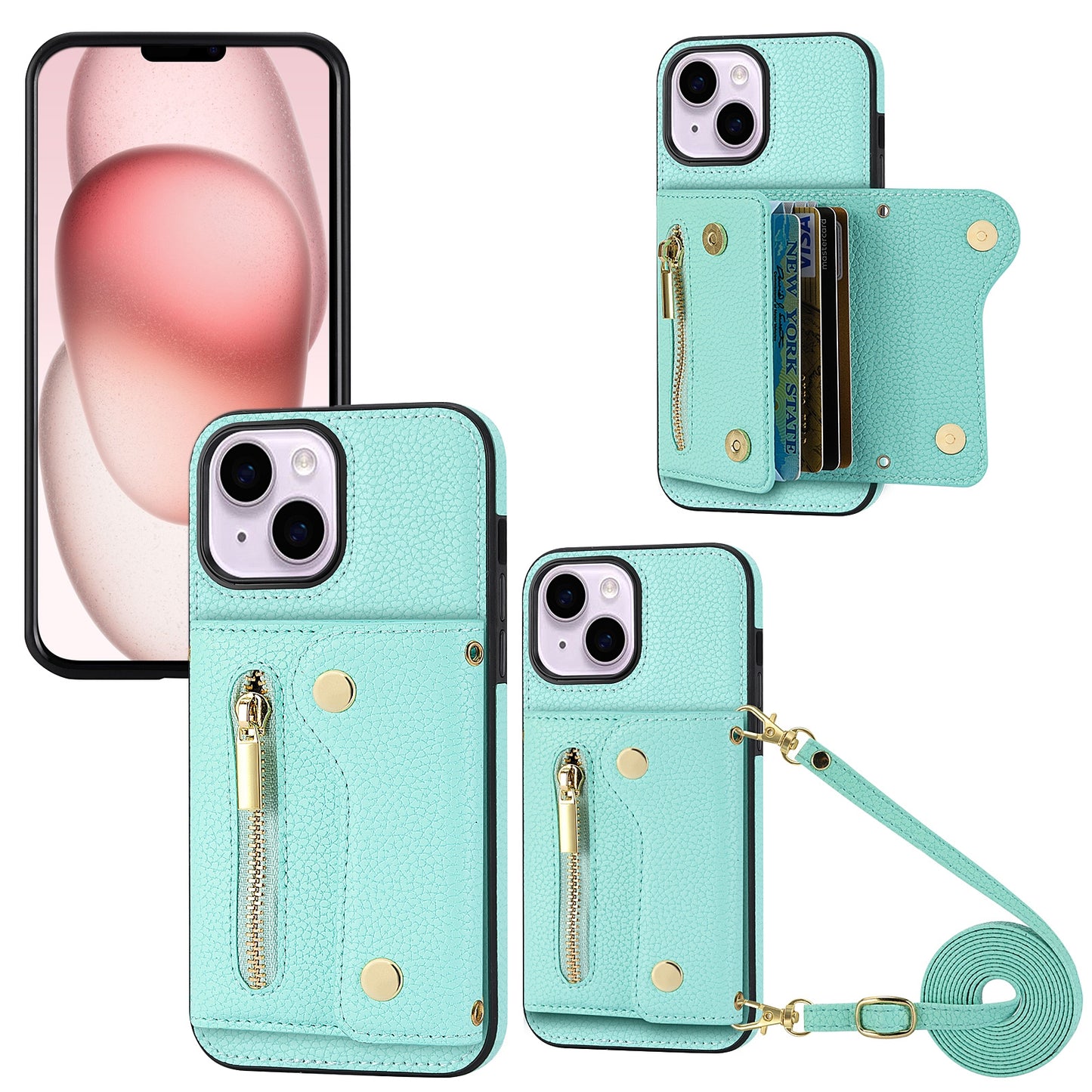 ELECTROPRIME For iPhone 15 DF-09 Crossbody Litchi texture Card Bag Design PU Phone Case(Cyan)