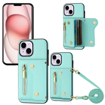 ELECTROPRIME For iPhone 15 DF-09 Crossbody Litchi texture Card Bag Design PU Phone Case(Cyan)