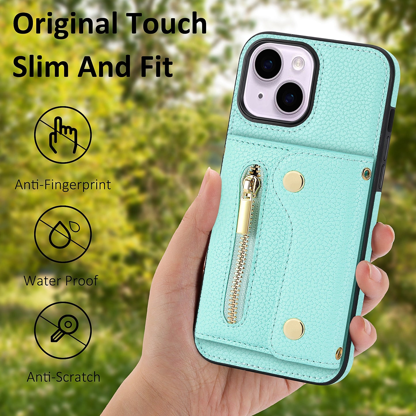 ELECTROPRIME For iPhone 15 DF-09 Crossbody Litchi texture Card Bag Design PU Phone Case(Cyan)