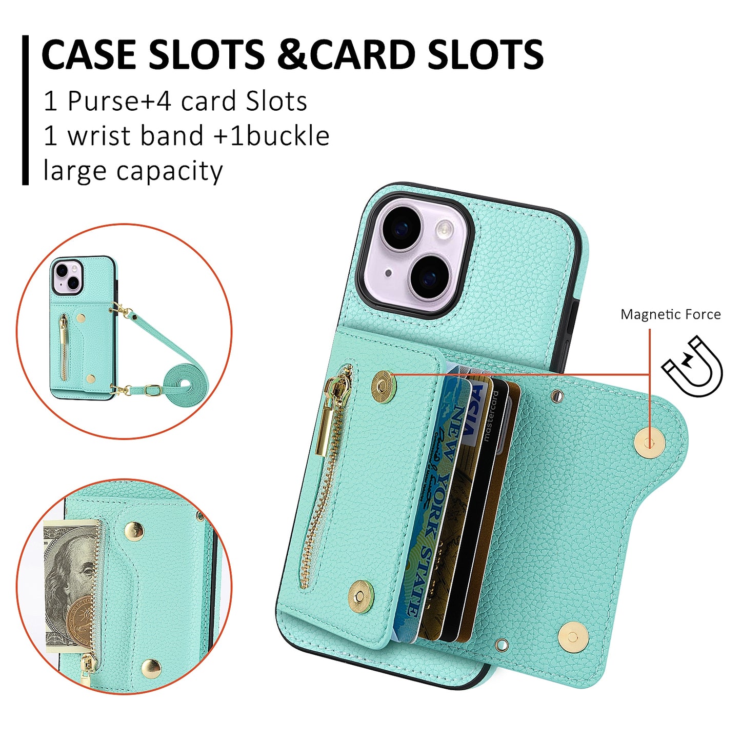 ELECTROPRIME For iPhone 15 DF-09 Crossbody Litchi texture Card Bag Design PU Phone Case(Cyan)