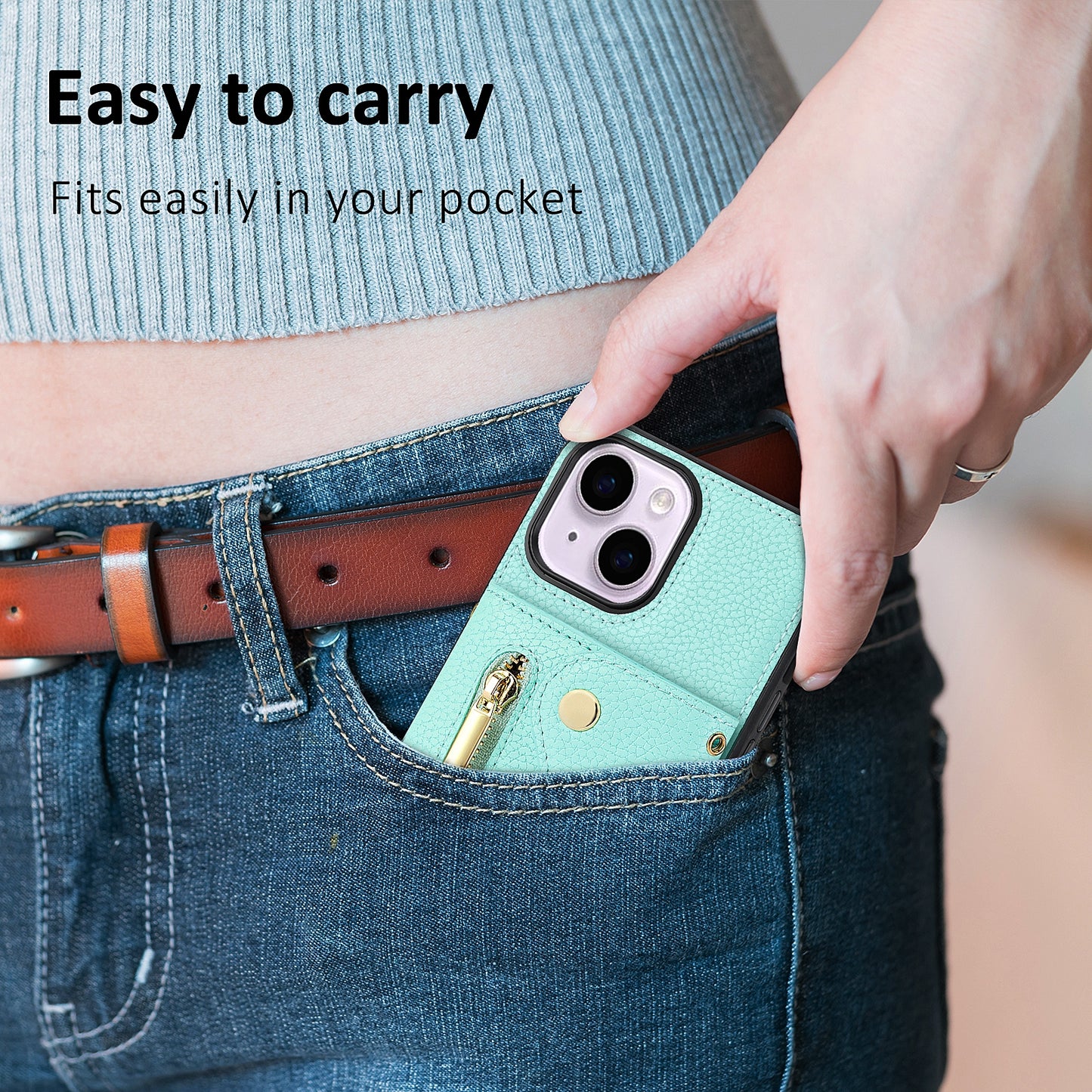 ELECTROPRIME For iPhone 15 DF-09 Crossbody Litchi texture Card Bag Design PU Phone Case(Cyan)