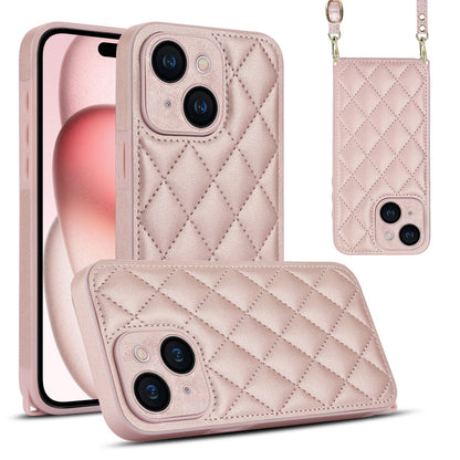 ELECTROPRIME For iPhone 15 Plus Rhombic Texture Phone Case with Dual Lanyard(Rose Gold)