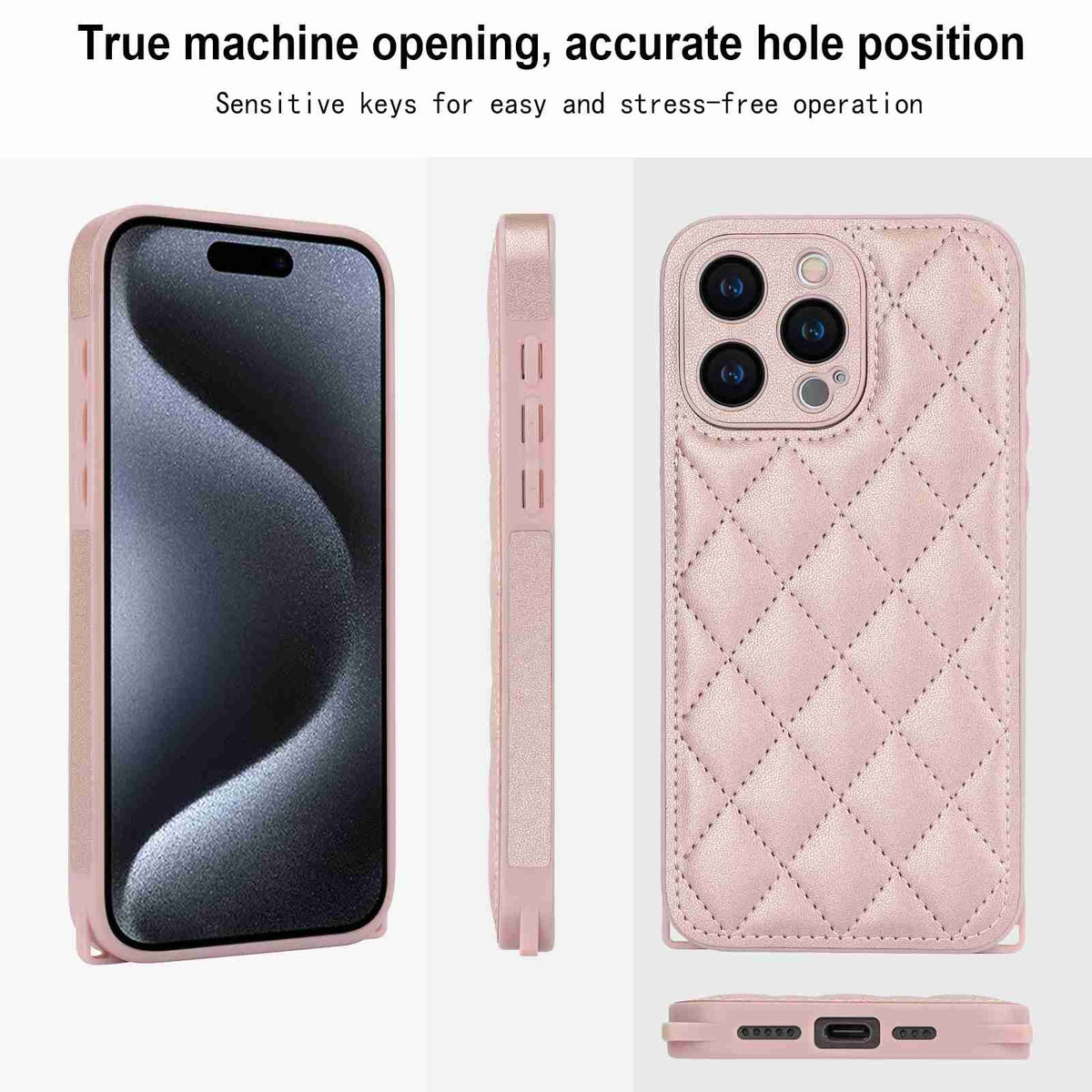 ELECTROPRIME For iPhone 15 Plus Rhombic Texture Phone Case with Dual Lanyard(Rose Gold)