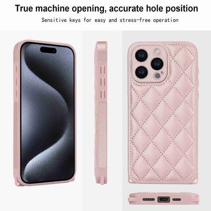 ELECTROPRIME For iPhone 15 Plus Rhombic Texture Phone Case with Dual Lanyard(Rose Gold)