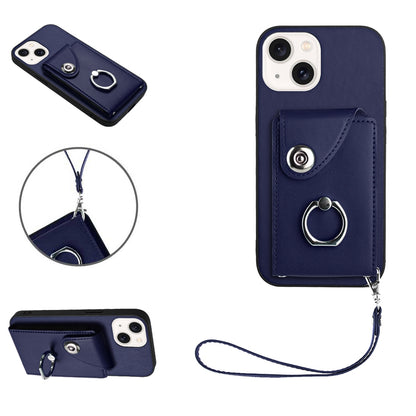 ELECTROPRIME For iPhone 15 Organ Card Bag Ring Holder PU Phone Case with Lanyard(Blue)
