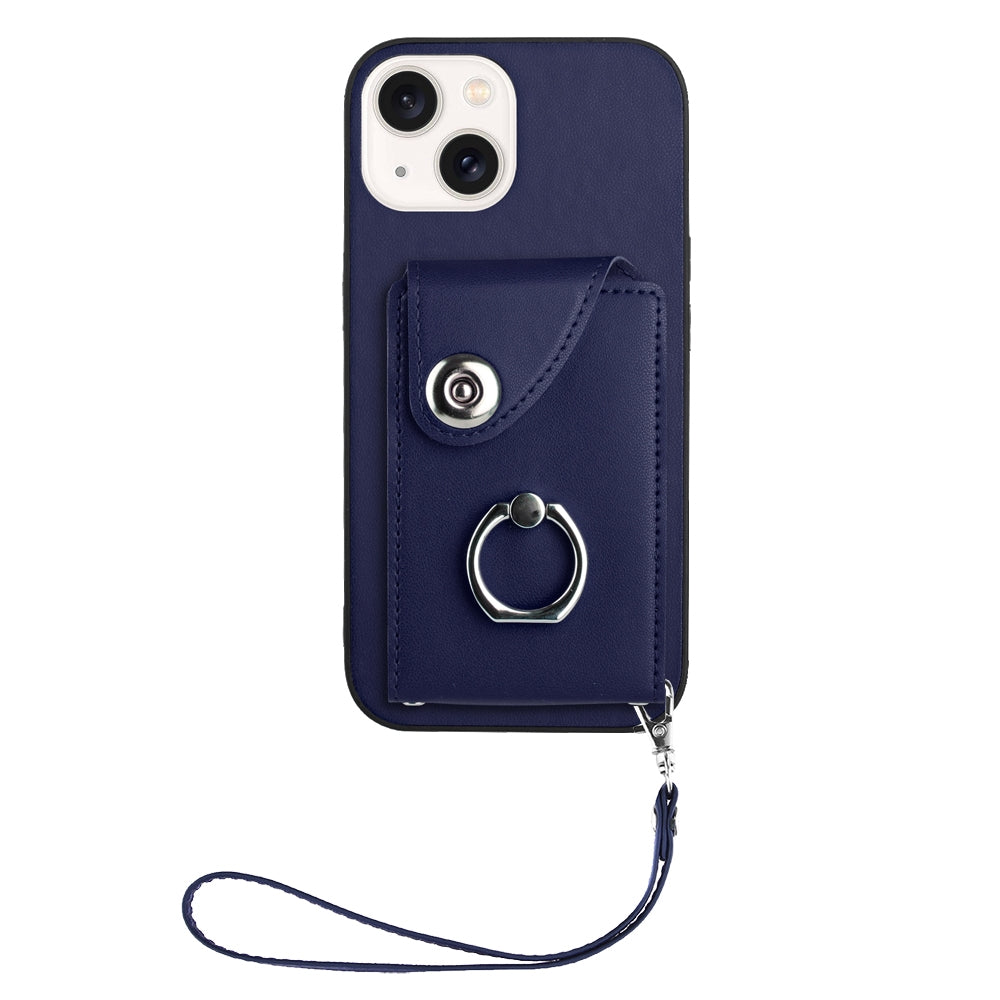 ELECTROPRIME For iPhone 15 Organ Card Bag Ring Holder PU Phone Case with Lanyard(Blue)