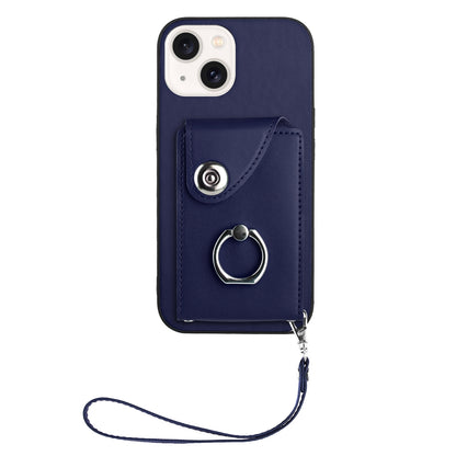 ELECTROPRIME For iPhone 15 Organ Card Bag Ring Holder PU Phone Case with Lanyard(Blue)
