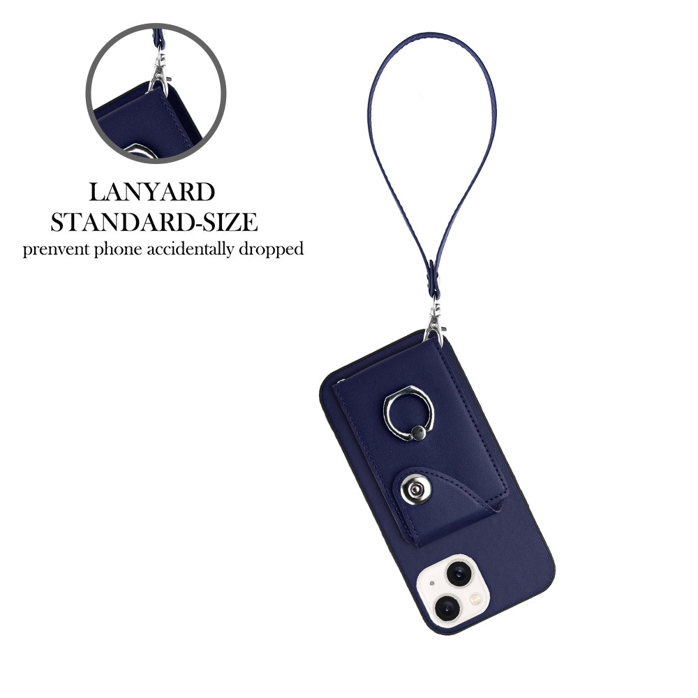 ELECTROPRIME For iPhone 15 Organ Card Bag Ring Holder PU Phone Case with Lanyard(Blue)