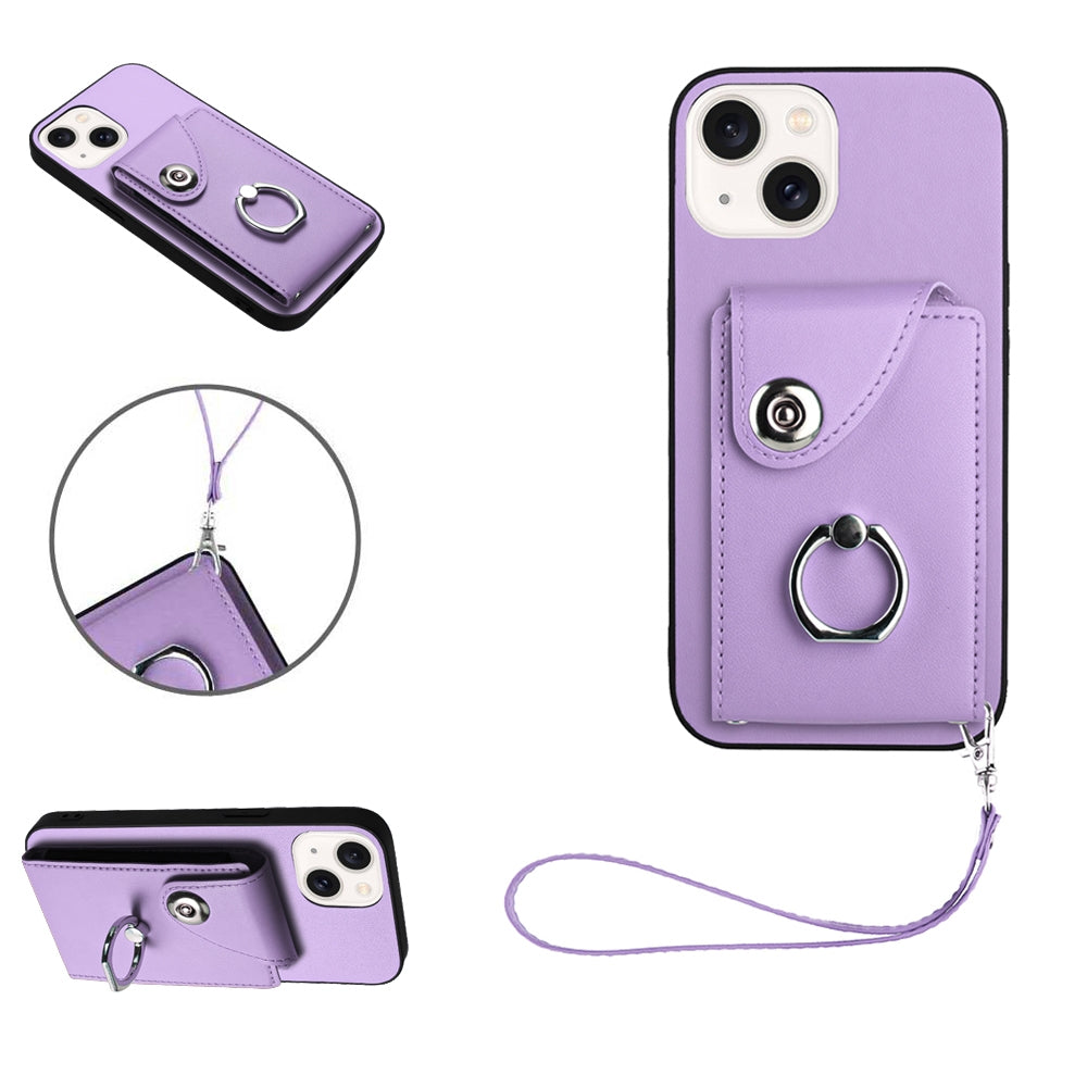 ELECTROPRIME For iPhone 15 Organ Card Bag Ring Holder PU Phone Case with Lanyard(Purple)