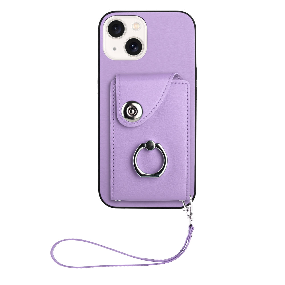 ELECTROPRIME For iPhone 15 Organ Card Bag Ring Holder PU Phone Case with Lanyard(Purple)