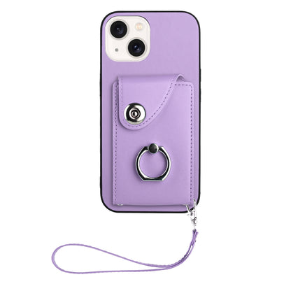 ELECTROPRIME For iPhone 15 Organ Card Bag Ring Holder PU Phone Case with Lanyard(Purple)