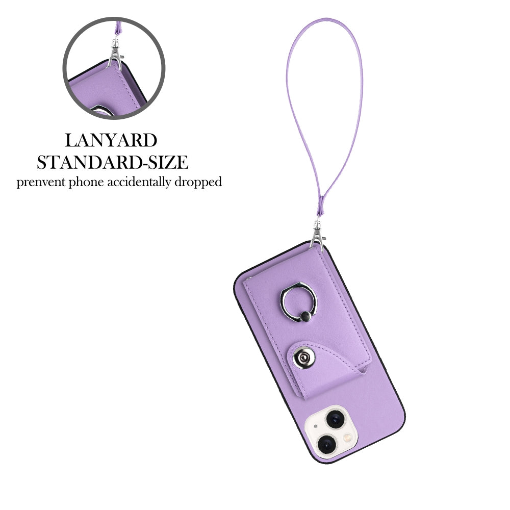 ELECTROPRIME For iPhone 15 Organ Card Bag Ring Holder PU Phone Case with Lanyard(Purple)