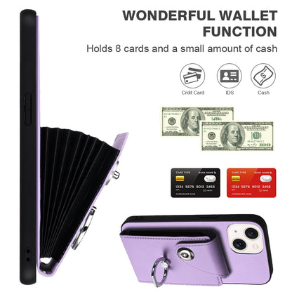 ELECTROPRIME For iPhone 15 Organ Card Bag Ring Holder PU Phone Case with Lanyard(Purple)