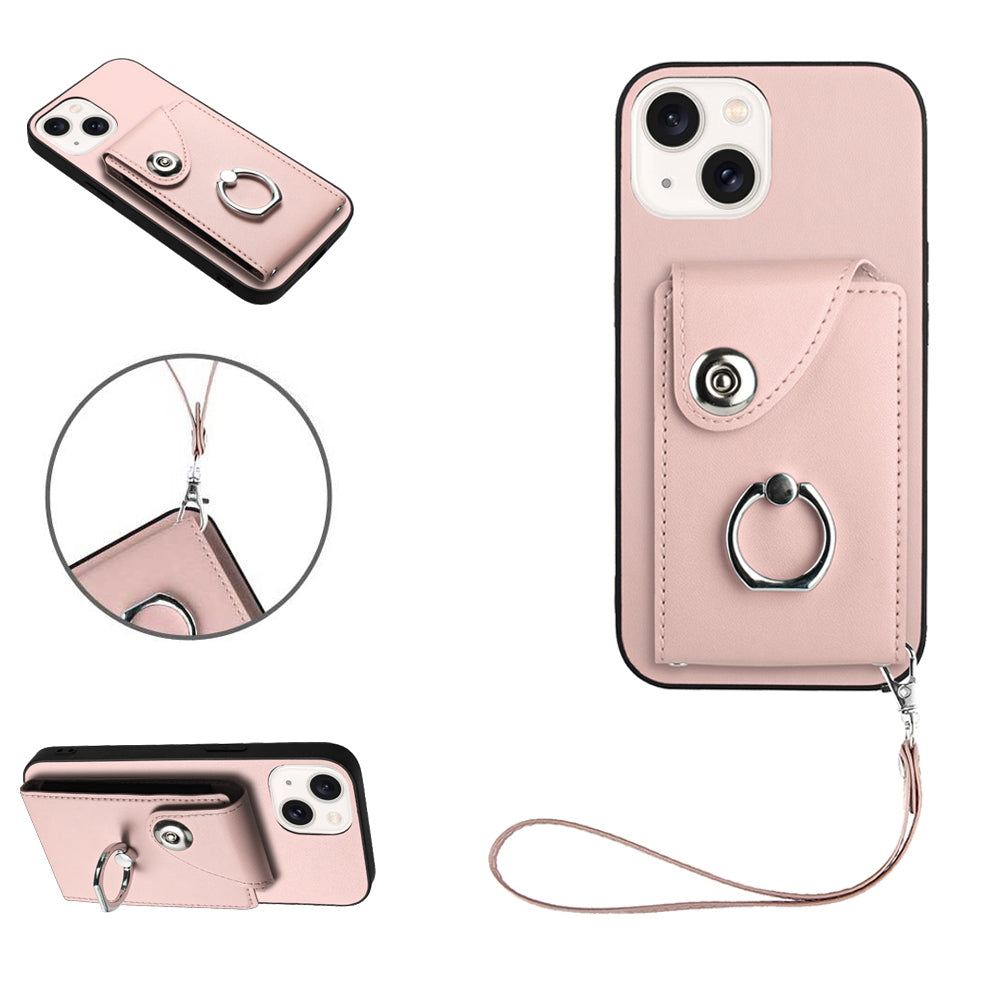 ELECTROPRIME For iPhone 15 Organ Card Bag Ring Holder PU Phone Case with Lanyard(Pink)