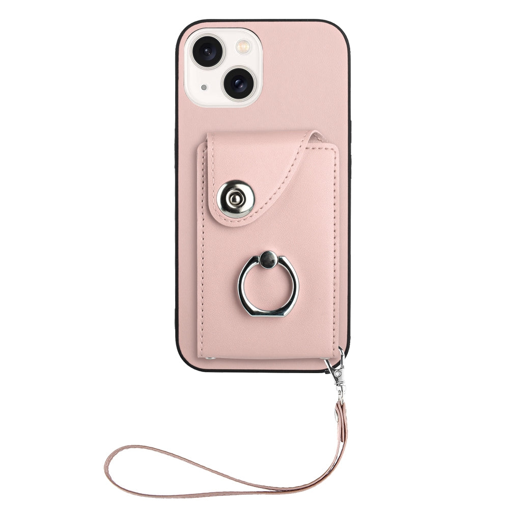 ELECTROPRIME For iPhone 15 Organ Card Bag Ring Holder PU Phone Case with Lanyard(Pink)