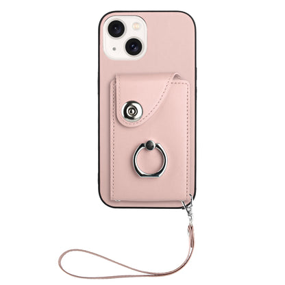ELECTROPRIME For iPhone 15 Organ Card Bag Ring Holder PU Phone Case with Lanyard(Pink)