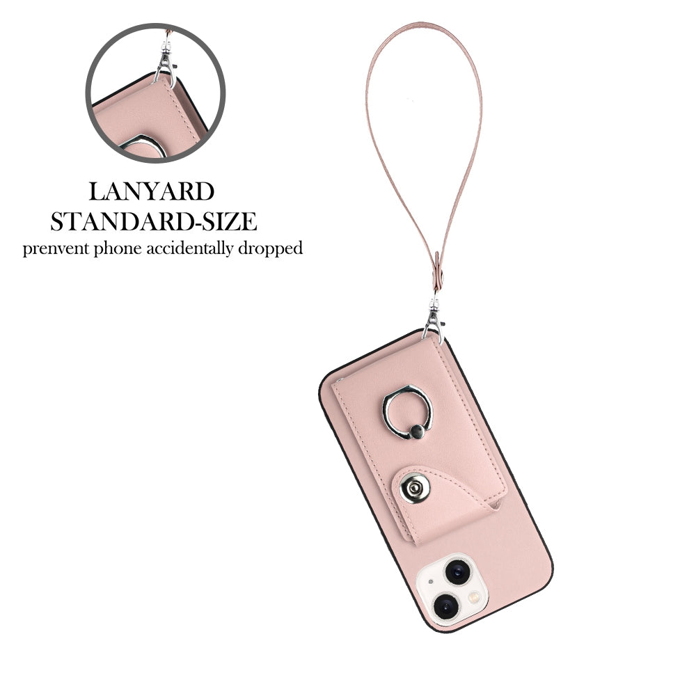 ELECTROPRIME For iPhone 15 Organ Card Bag Ring Holder PU Phone Case with Lanyard(Pink)