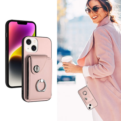 ELECTROPRIME For iPhone 15 Organ Card Bag Ring Holder PU Phone Case with Lanyard(Pink)
