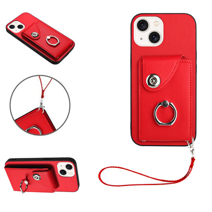 ELECTROPRIME For iPhone 15 Organ Card Bag Ring Holder PU Phone Case with Lanyard(Red)