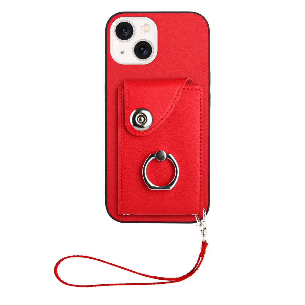 ELECTROPRIME For iPhone 15 Organ Card Bag Ring Holder PU Phone Case with Lanyard(Red)