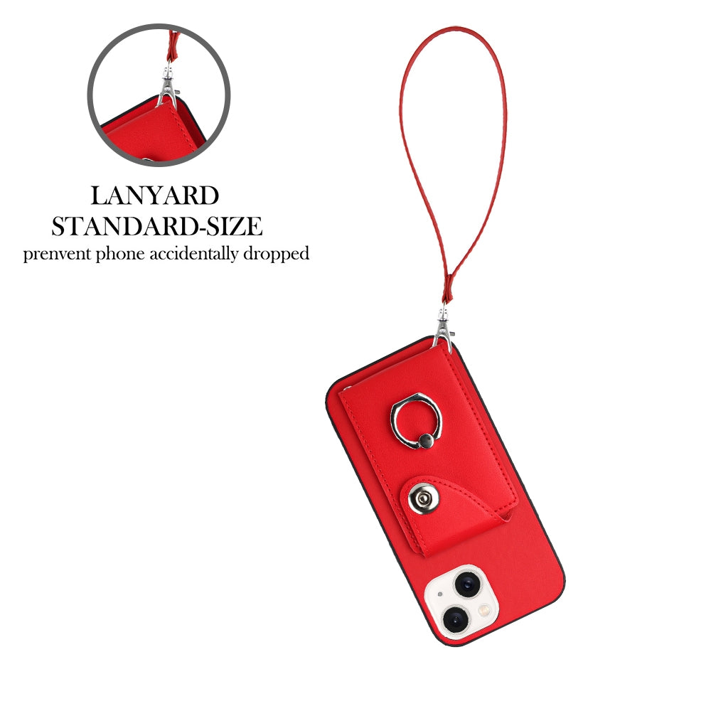 ELECTROPRIME For iPhone 15 Organ Card Bag Ring Holder PU Phone Case with Lanyard(Red)