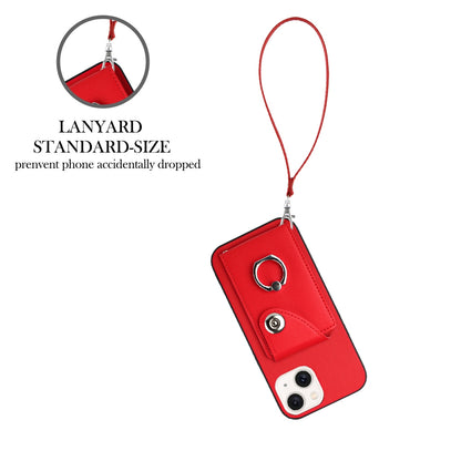 ELECTROPRIME For iPhone 15 Organ Card Bag Ring Holder PU Phone Case with Lanyard(Red)