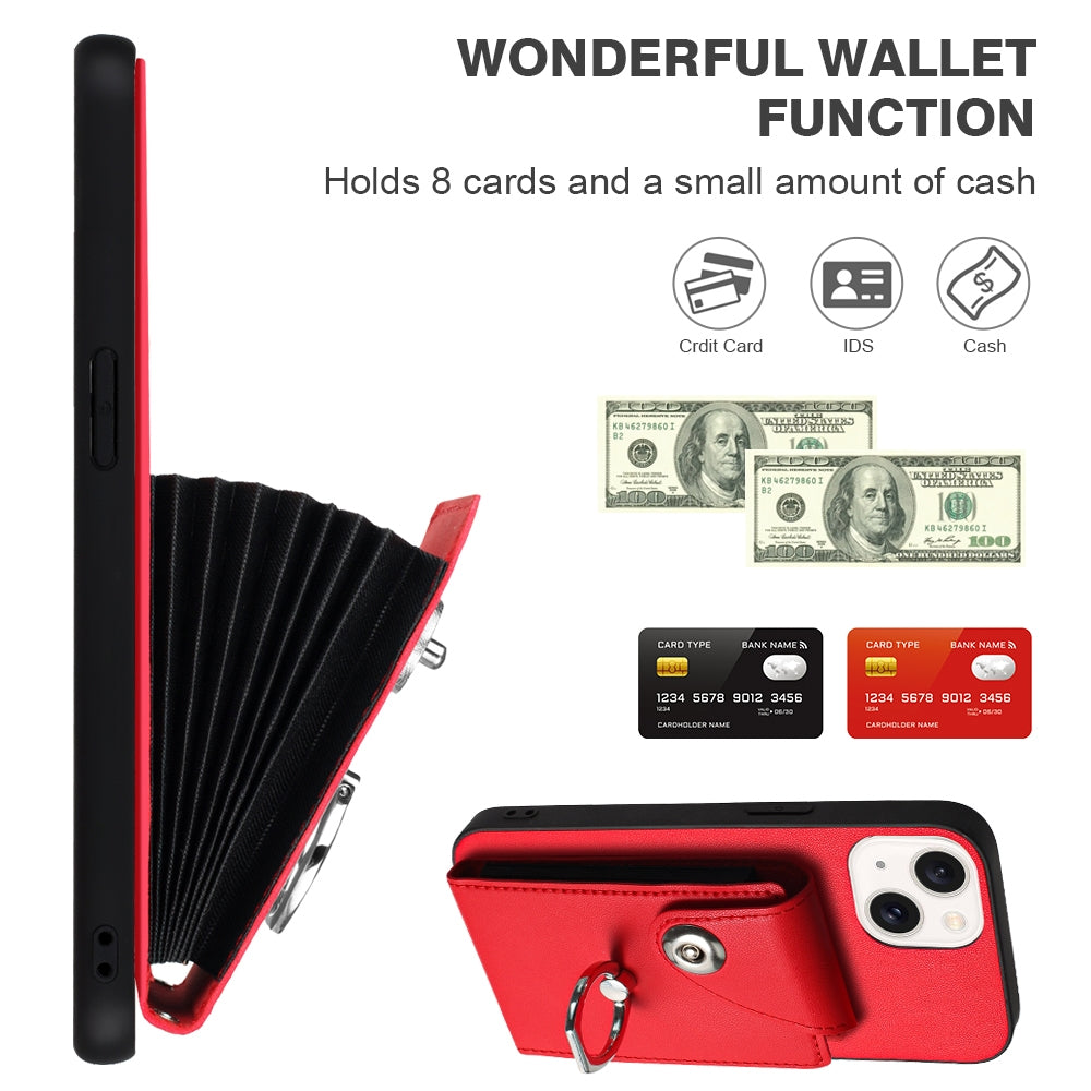 ELECTROPRIME For iPhone 15 Organ Card Bag Ring Holder PU Phone Case with Lanyard(Red)