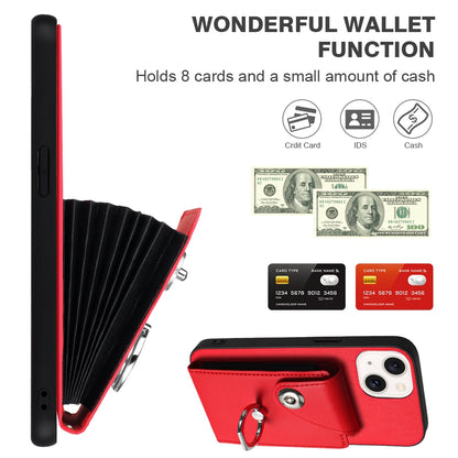 ELECTROPRIME For iPhone 15 Organ Card Bag Ring Holder PU Phone Case with Lanyard(Red)