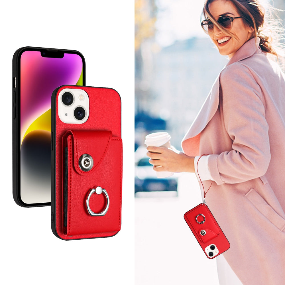 ELECTROPRIME For iPhone 15 Organ Card Bag Ring Holder PU Phone Case with Lanyard(Red)