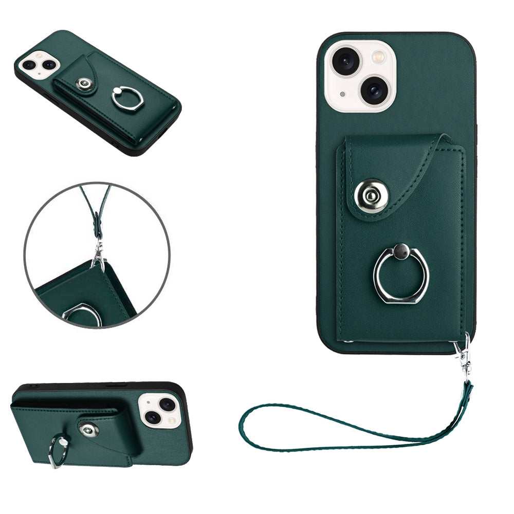 ELECTROPRIME For iPhone 15 Organ Card Bag Ring Holder PU Phone Case with Lanyard(Green)
