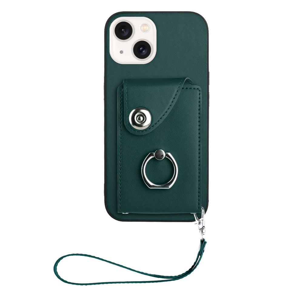 ELECTROPRIME For iPhone 15 Organ Card Bag Ring Holder PU Phone Case with Lanyard(Green)