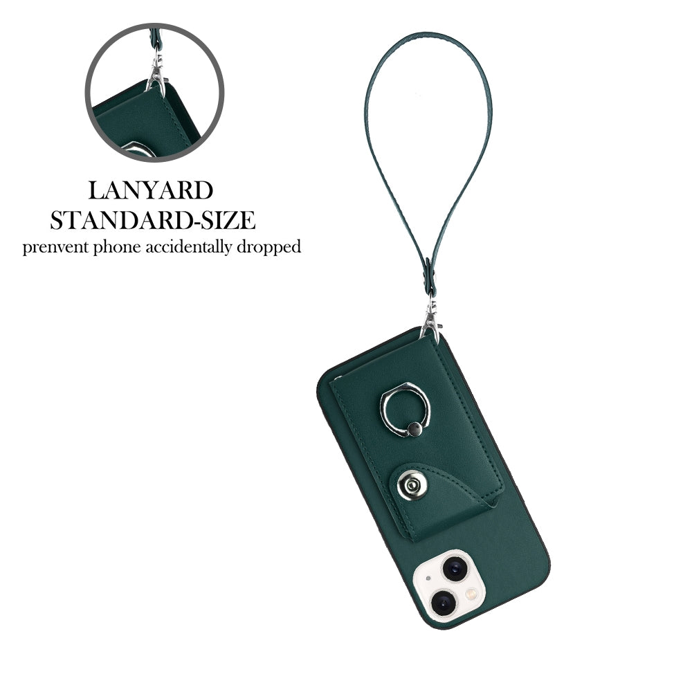 ELECTROPRIME For iPhone 15 Organ Card Bag Ring Holder PU Phone Case with Lanyard(Green)
