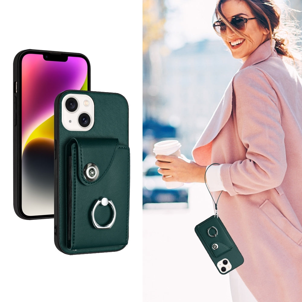 ELECTROPRIME For iPhone 15 Organ Card Bag Ring Holder PU Phone Case with Lanyard(Green)