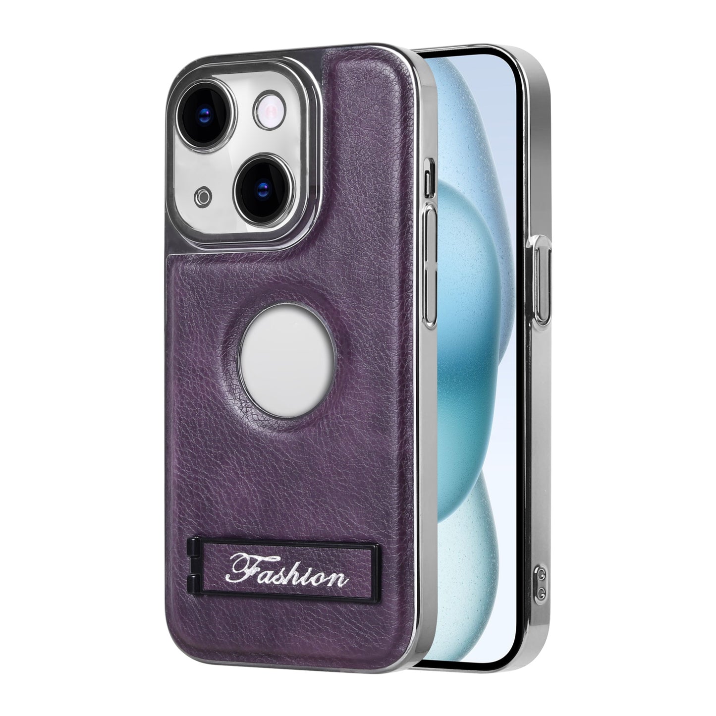 ELECTROPRIME For iPhone 15 Y3 Electroplated Fine Hole Leather Phone Case with Holder(Dark Purple)