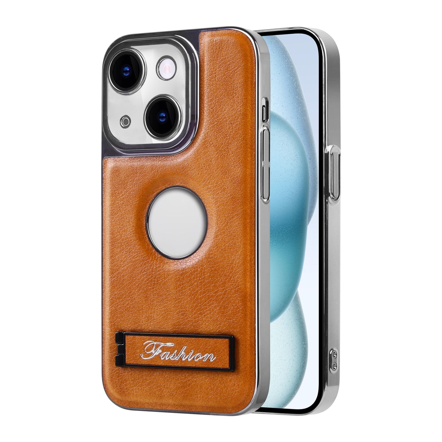 ELECTROPRIME For iPhone 15 Y3 Electroplated Fine Hole Leather Phone Case with Holder(Brown)