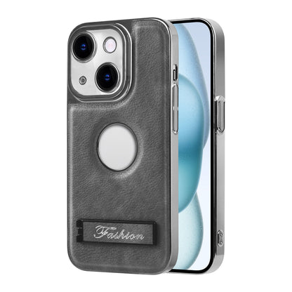 ELECTROPRIME For iPhone 15 Y3 Electroplated Fine Hole Leather Phone Case with Holder(Grey)