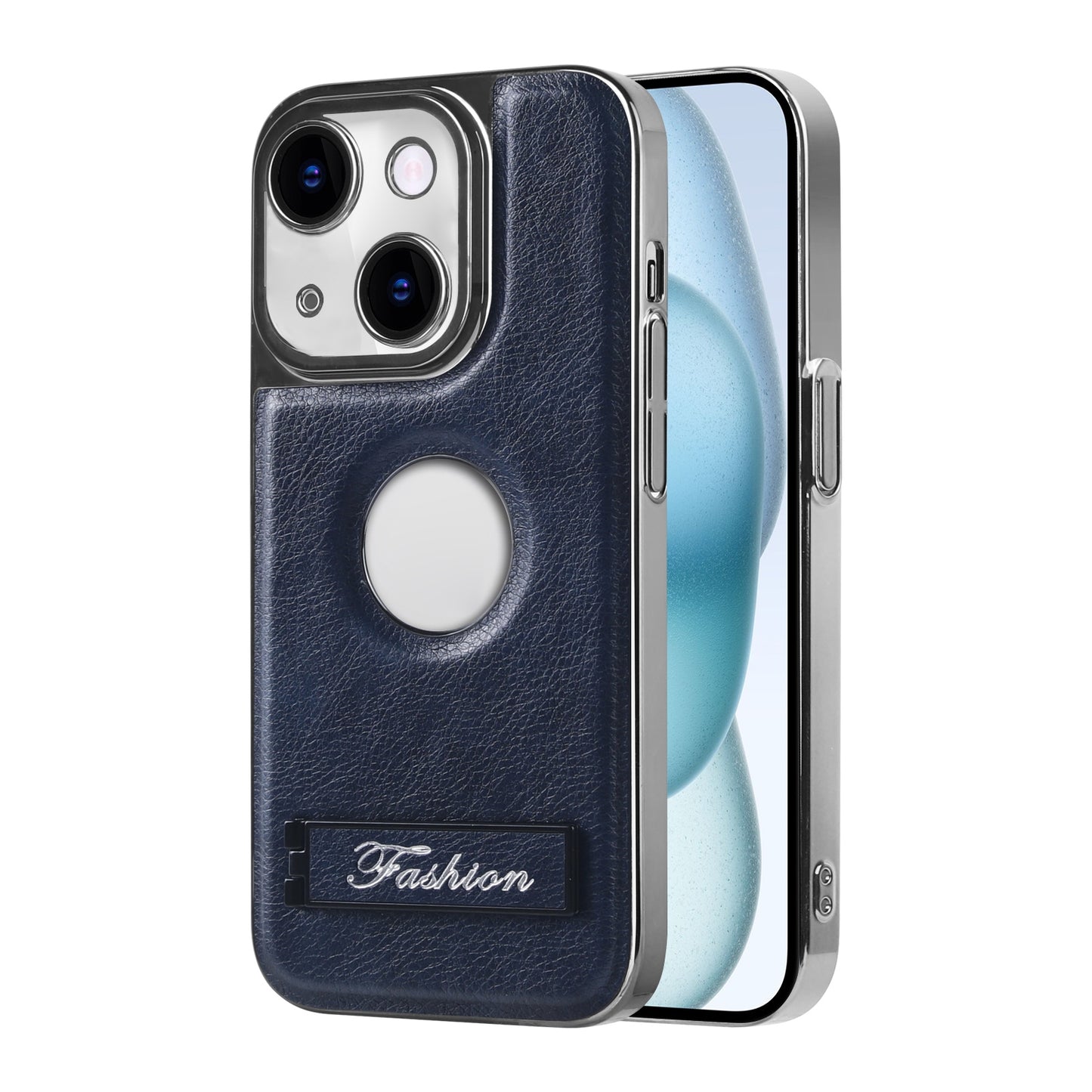 ELECTROPRIME For iPhone 15 Y3 Electroplated Fine Hole Leather Phone Case with Holder(Navy Blue)