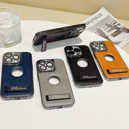 ELECTROPRIME For iPhone 15 Y3 Electroplated Fine Hole Leather Phone Case with Holder(Navy Blue)