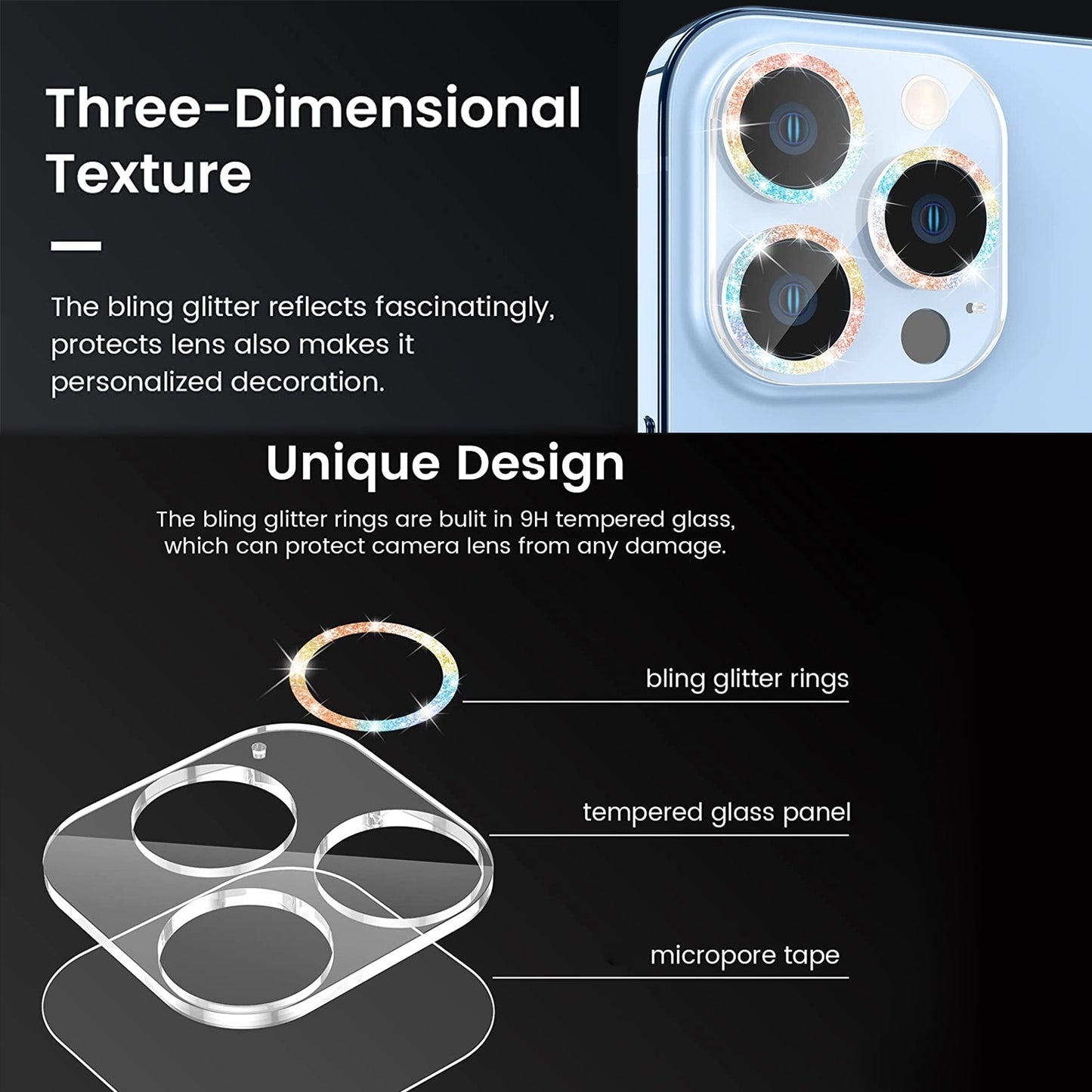 ELECTROPRIME For iPhone 15 / 15 Plus Glitter Ring Tempered Glass Camera Lens Film(Black)