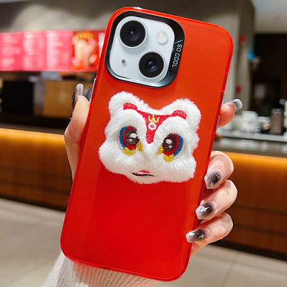 ELECTROPRIME For iPhone 15 New Year Lion Dance Plush Doll Phone Case(Red Back White Lion)