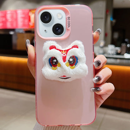 ELECTROPRIME For iPhone 15 New Year Lion Dance Plush Doll Phone Case(Pink Back White Lion)